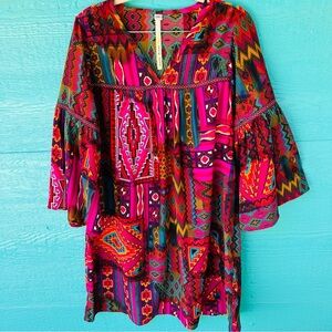 Uncle Frank Patchwork Dress Aztec Western Print V-Neck 3/4 Bell Sleeves M
